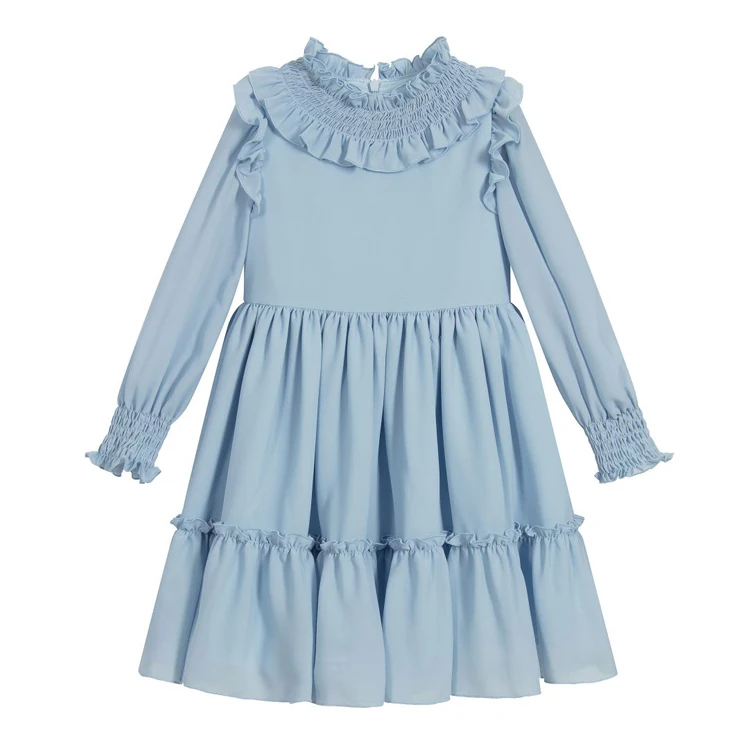 Baby blue color girls' party dresses European fashion corrugated edge long sleeve dress