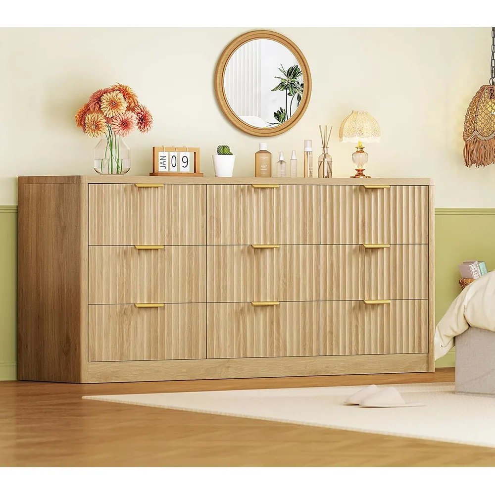 product nu deco fluted modern dresser 9 drawers 63 wide wood with metal handles mdf panel for bedroom living room storage-1