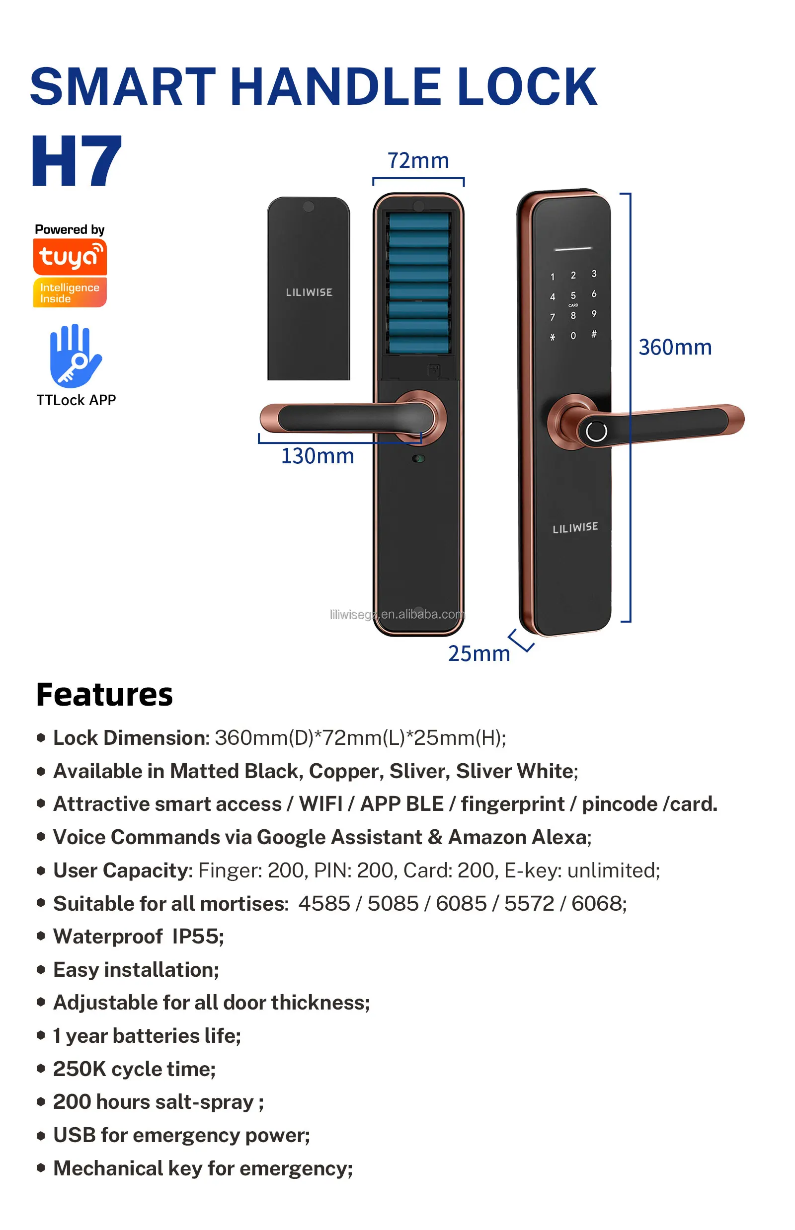 Liliwise Waterproof Outdoor Smart Door Lock with 6V Battery 35-75mm Door Thickness and 200 Fingerprint Capacity