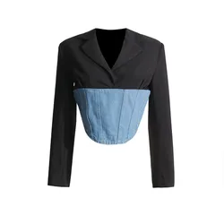 Women's 2023 New Autumn Casual Notched Black Jean Patchwork Short Blazers Elegant Long Sleeve Slim Coats for Women
