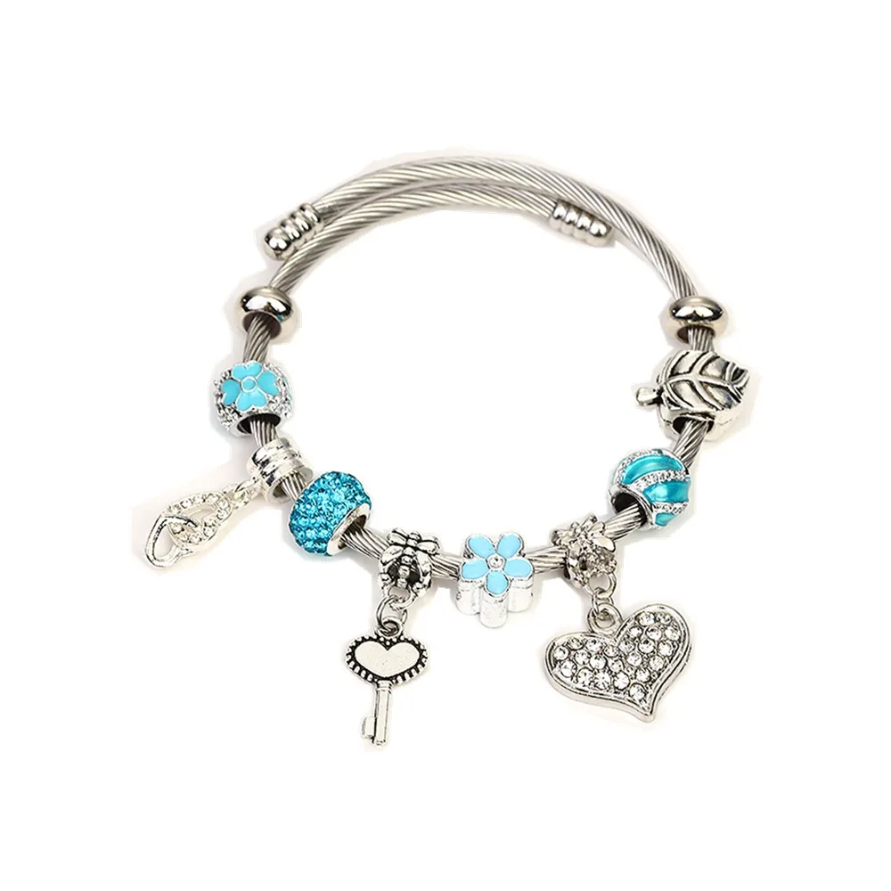 New Fashion Titanium Steel Adjustable Bangle Bracelet Zircon LOVE Heart Key Charm Bracelet for Women Jewelry Gifts