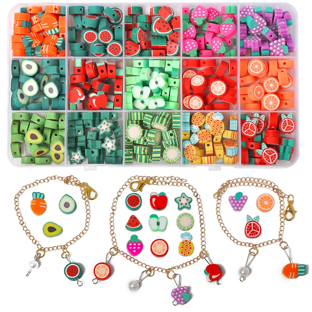 Hobbyworker 2022 Fashion 300Pcs/Box With Fruit Soft Clay Beads Set Charms for Bracelet Jewelry Making Kit J1037