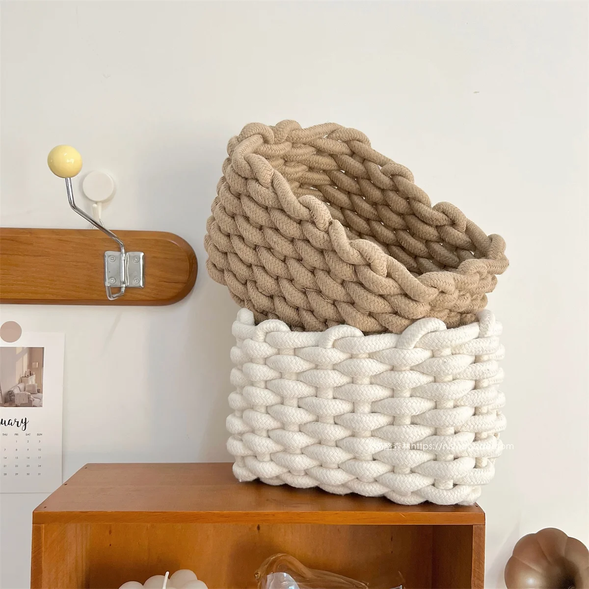 HUAYI  Woven Cotton Rope  Basket with Handles Decorative Small Storage Basket