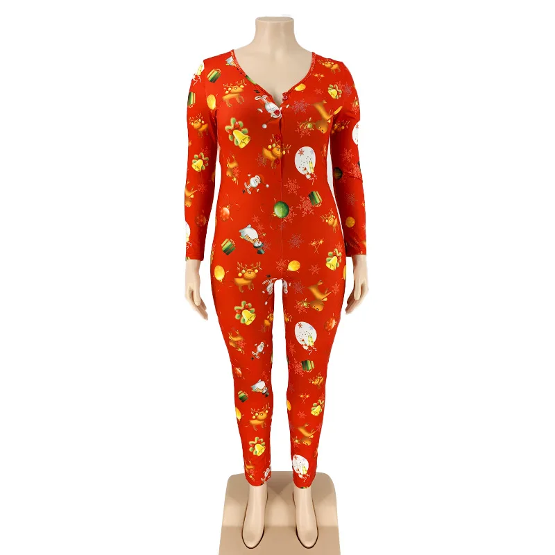 Plus Size Stretchy Women Onesie Christmas Pajamas One Piece Xmas Bodysuit V-Neck Rompers