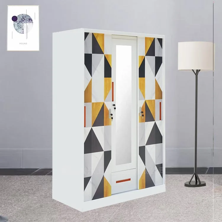 Home Furniture Bedroom Furniture Portable Metal Wardrobe with 3-Door Steel Swing Printed Metal Frame Closet