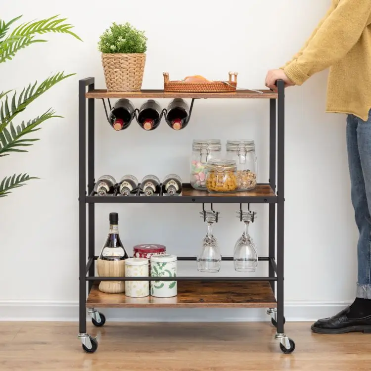 Wholesale 3 Tier Bar Cart Kitchen Serving Trolley Storage Rack Shelf with Wheels Wooden Rolling Cart for Dining Room