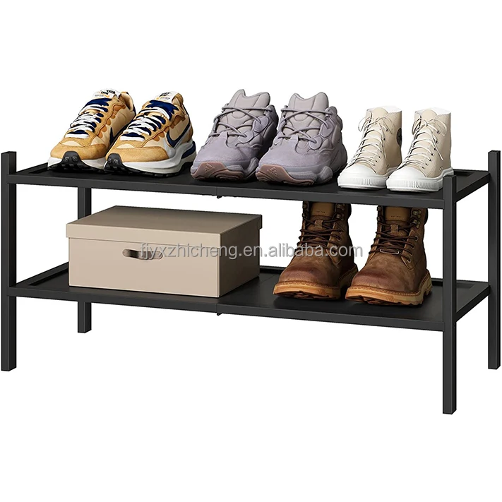 product free standing entryway black bamboo stackable shoe storage organizer display shelf 2 tier shoe rack for closet-0