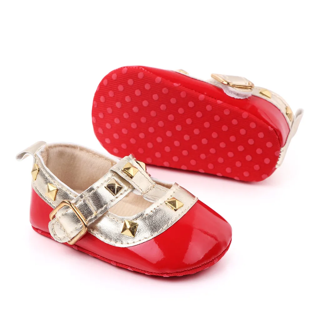 Bright Spliced Geometric Metal Decorated Baby Girls Pretty Princess Walking Shoes manufacture