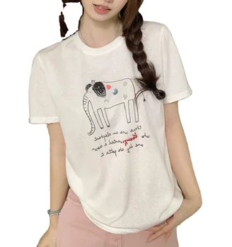 2024 Summer New Heavy Nail Bead Cartoon Letter Printed Short Sleeve Korean Casual Women's T-Shirt
