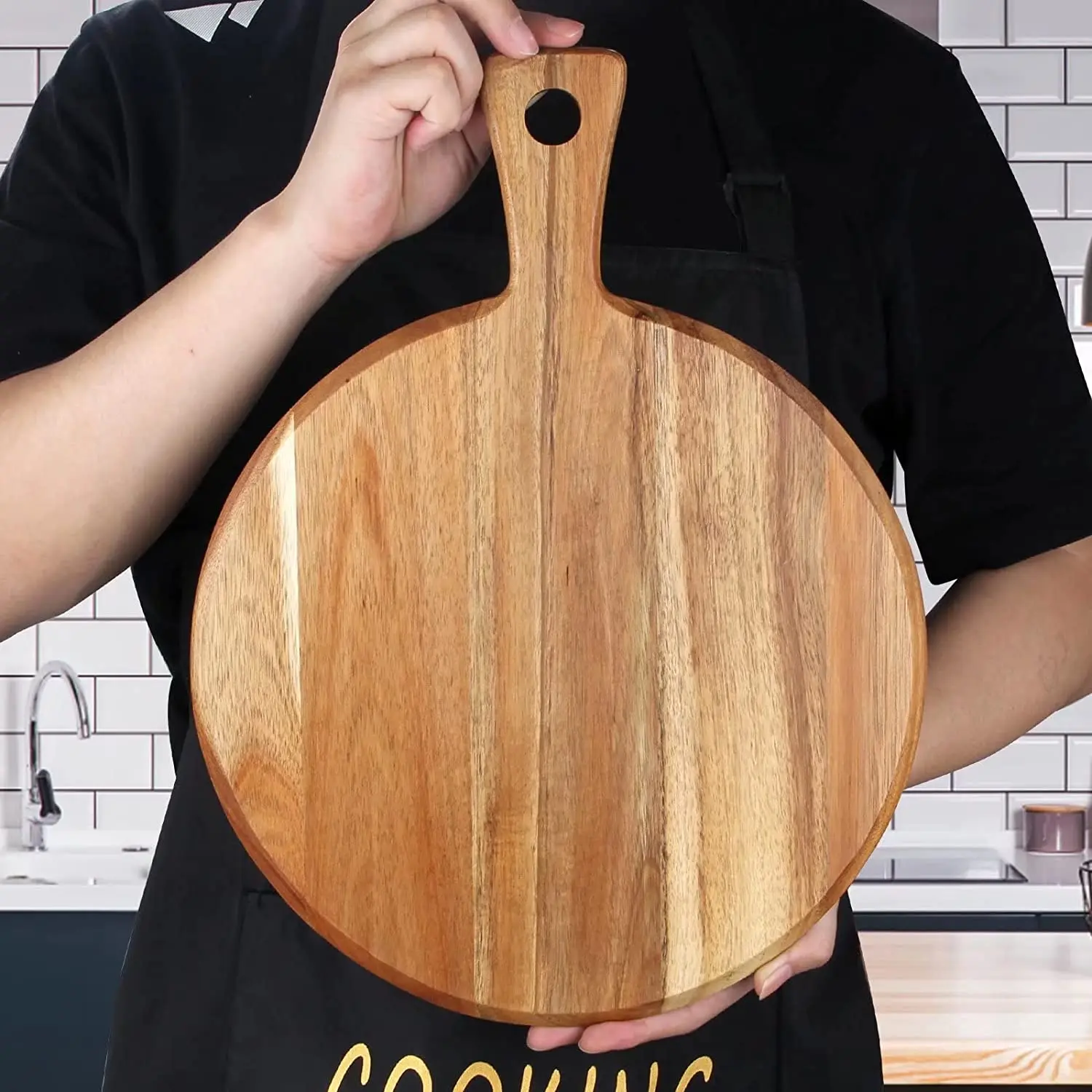 product acacia wood pizza peel cutting board round chopping boards with handle for kitchen-2