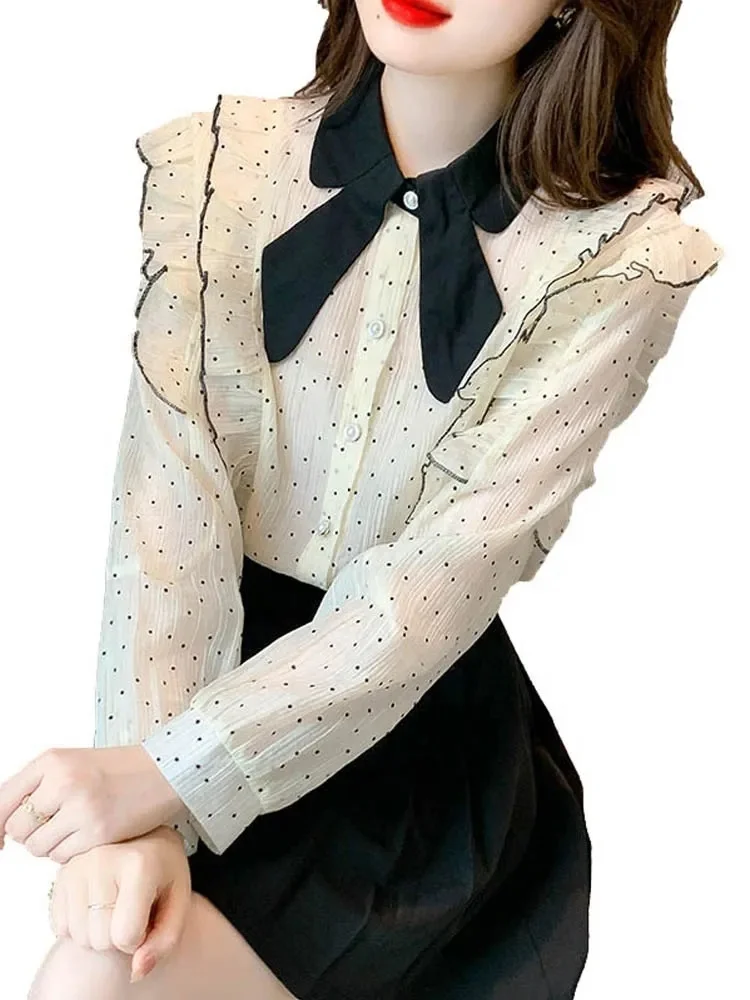 Silk long-sleeved top women's elegant shirt plain color fashion shirt 2023 spring autumn women's loose shirt