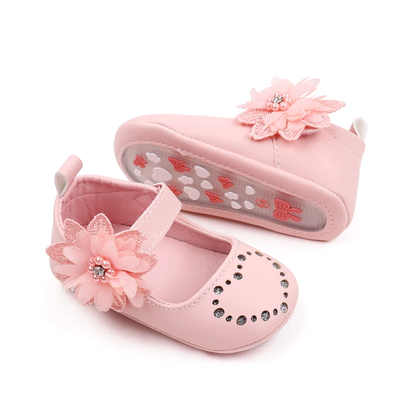 PU Leather Hollow Heart Rhinestones Lace Embroidery Flowers Solid Color Baby Girls Princess Shoes supplier