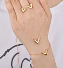 Earring Bracelet High Quality V-Shape Letter Stainless Steel Jewelry Set Earring Bracelet Necklace 3pcs