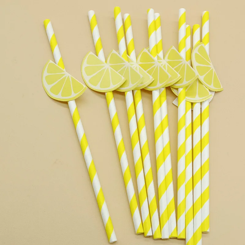 Yellow Lemon Card Disposable Paper Straws For Birthday Party Decoration