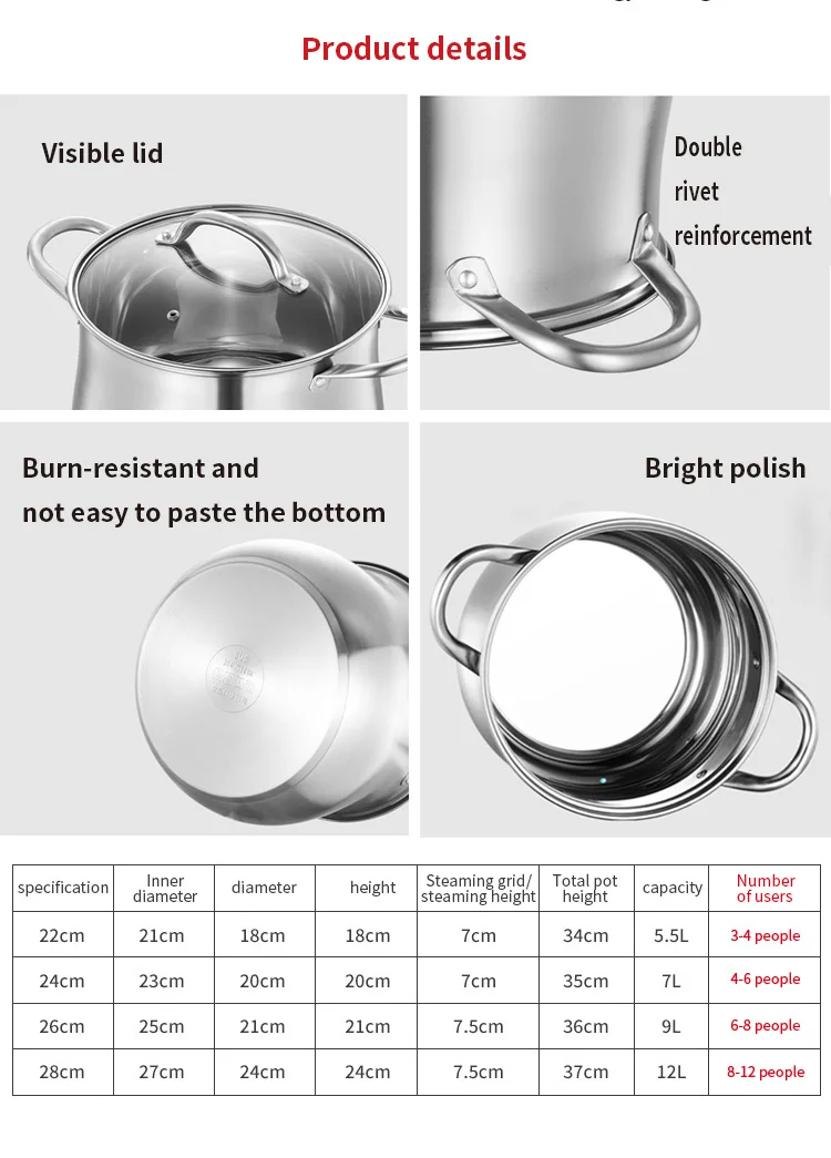 304 Stainless Steel Soup Pot With High Overflow Proof Large Capacity