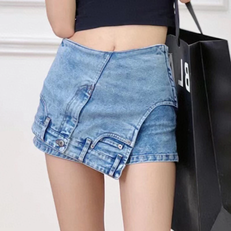 TWOTWINSTYLE Denim Short Women Patchwork Asymmetric High Waist Hot Womens Jean Shorts Clothes 2022