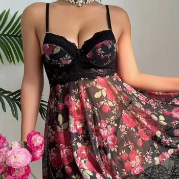 Women's Floral Pattern Backless Lingerie Set Transparent Nightwear with Lace Embroidery Sexy Bow Decorated Dress Printed Flowers