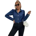 Ladies Shirt Shirts Ladies Long Denim Jean Shirt Jacket Loose Tops Long Puff Sleeve Denim Shirts For Women Blouses
