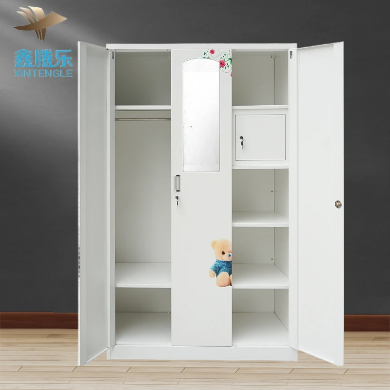 Hot Sale Customized White Color Mirror swing doors modern design pattern transfer metal wardrobe steel almirah