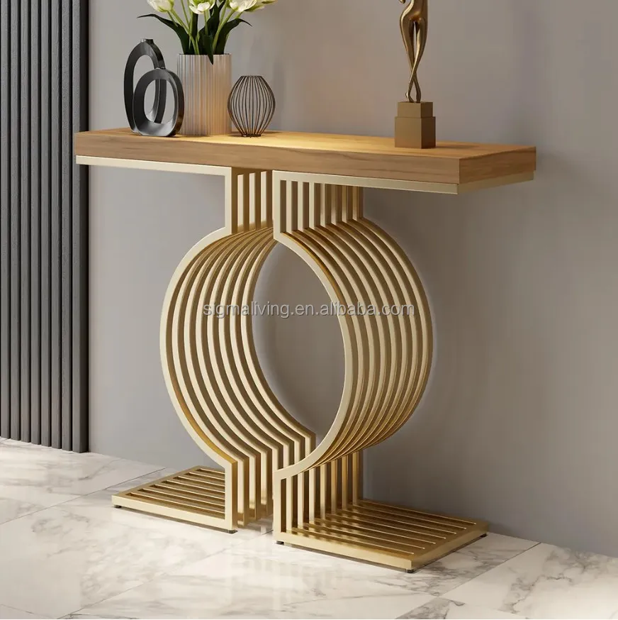 Modern narrow geometric metal base walnut entryway table console table