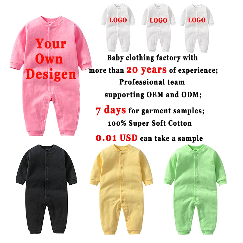 manufacturer Newborn Custom 100% Cotton Plain Baby Long Sleeve Romper Open Footie Baby Pajamas Jumpsuit Toddler Baby Clothes