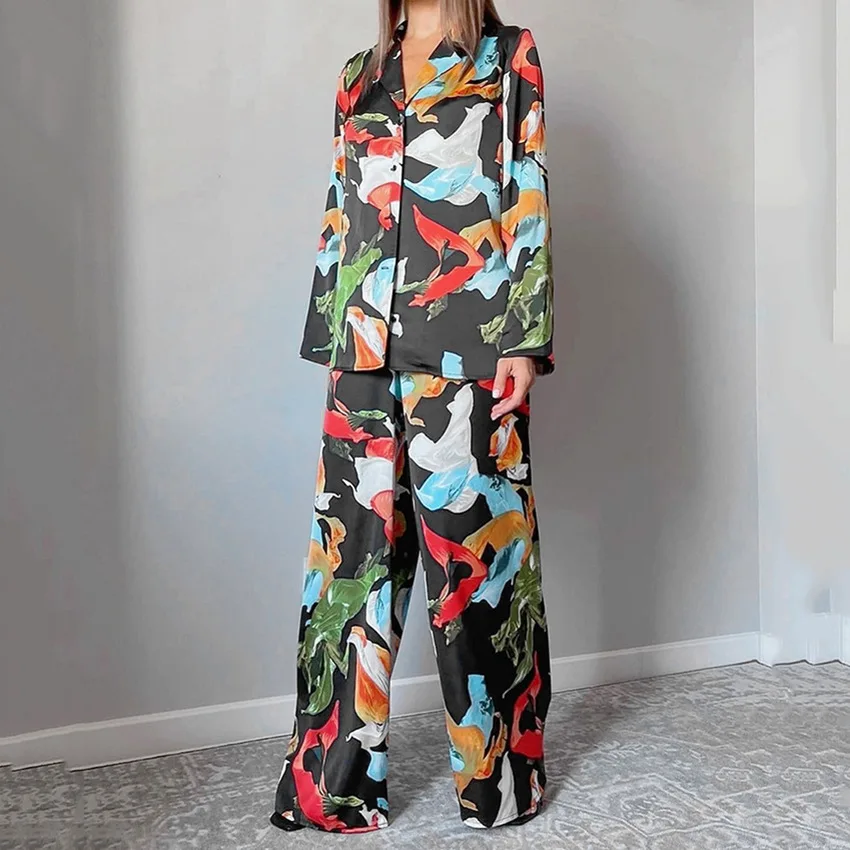 Oem Wholesale Black Smooth Satin Shiny Outfit Long Sleeve Colorful Floral  Printing Long Pant Loose Loungewear Women 2 Piece Set - Buy Colorful Floral  Printing Long Sleeve Long Pant Loungewear Design Casual