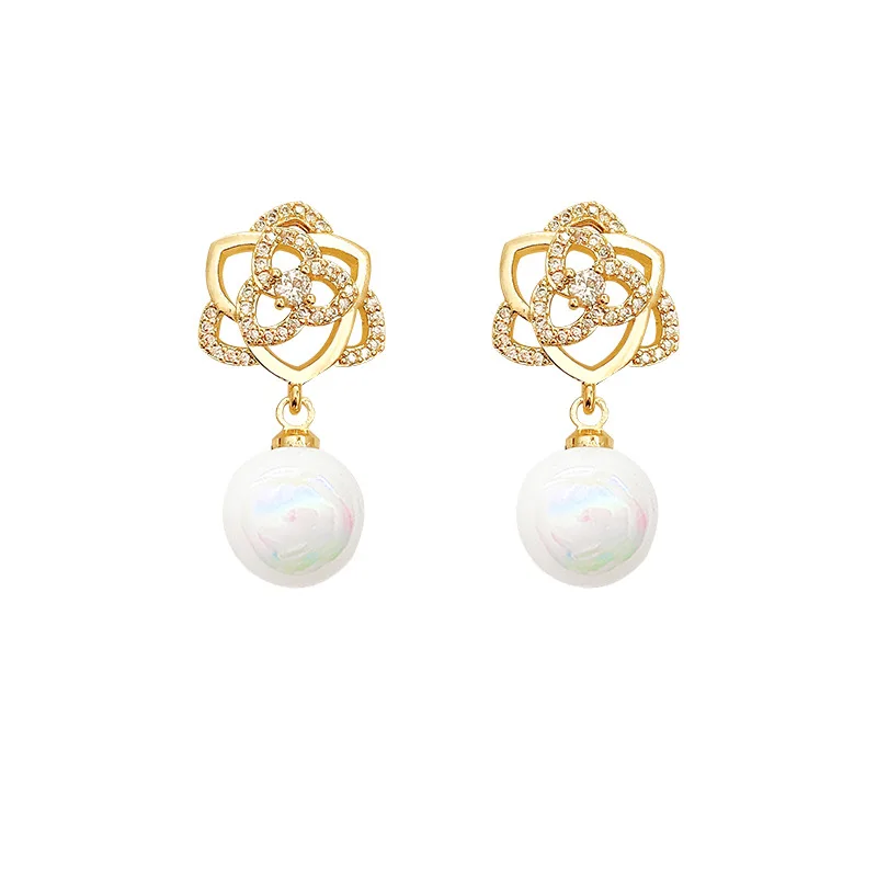 Manufacturers direct S925 silver needle light luxury micro inlaid delicate flower jewelry fashion pearl earrings for women