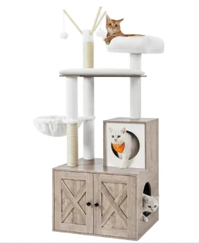 DIY 5-Tier Velvet Cat Tree Tower Cat Toy and Litter Box Enclosure Cat Scratching House Packed in Carton