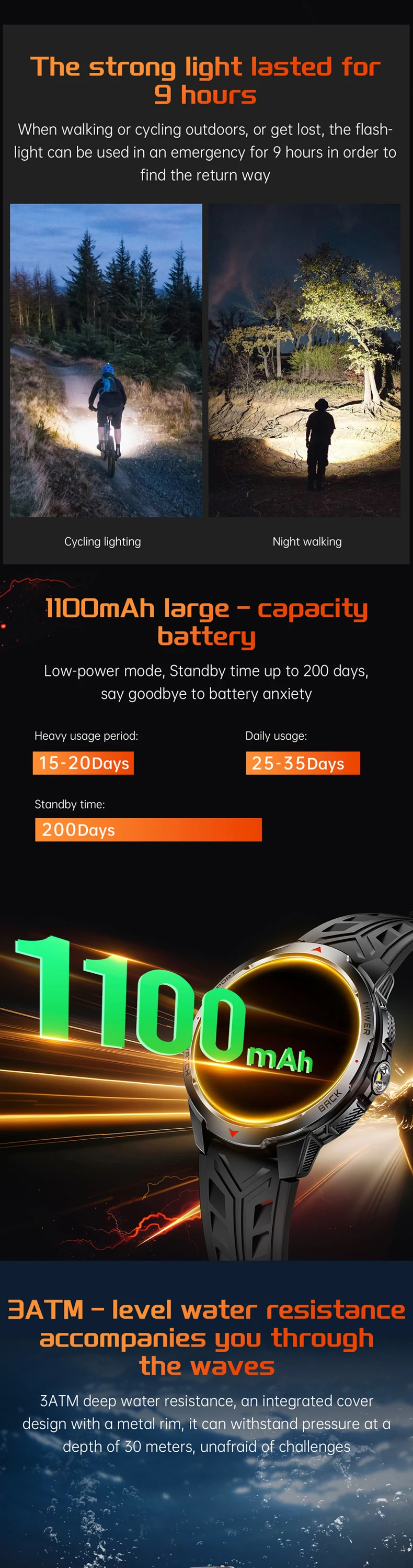 product cheap 3atm waterproof large screen smart watch kt88 with led flashlight 1100mah battery app dafit phone call custom watch faces-6