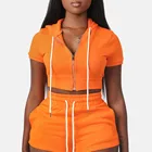 Summer Street Young Lady High Waisted Short Sets Full Zipper Cropped Hooded Jacket