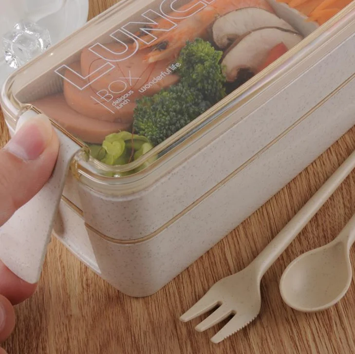 Rice Husks Plant Fiber tiffin box food container with compartments double layer wheat straw wheat fiber lunch box with cutlery