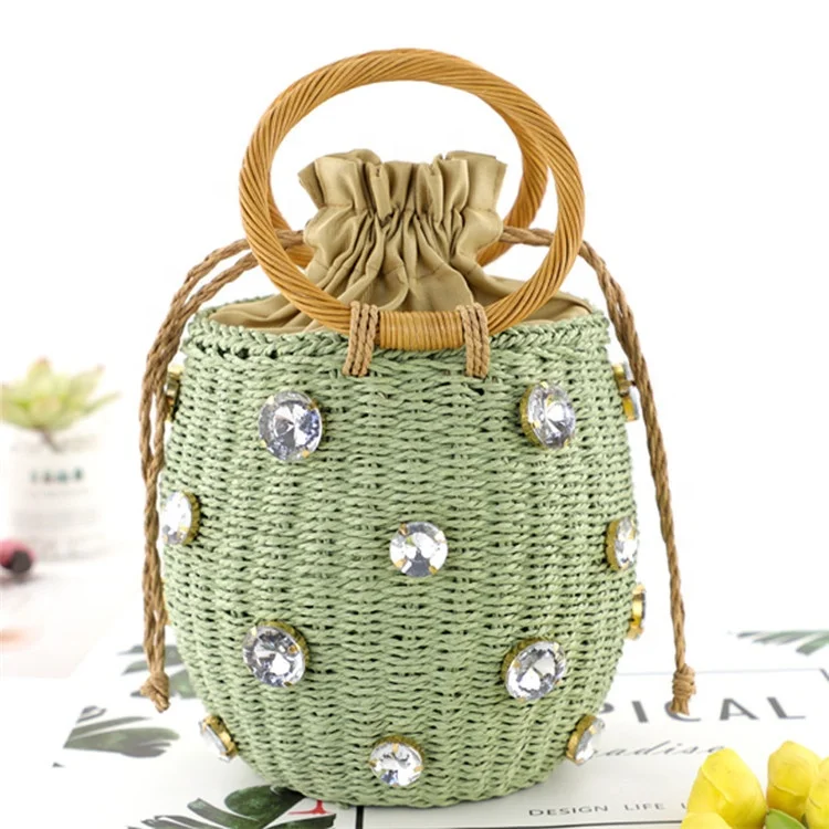 2023 New Handmade Rhinestone Crystal Embellished Straw Bucket Bags Lady Travel Purses Handbags