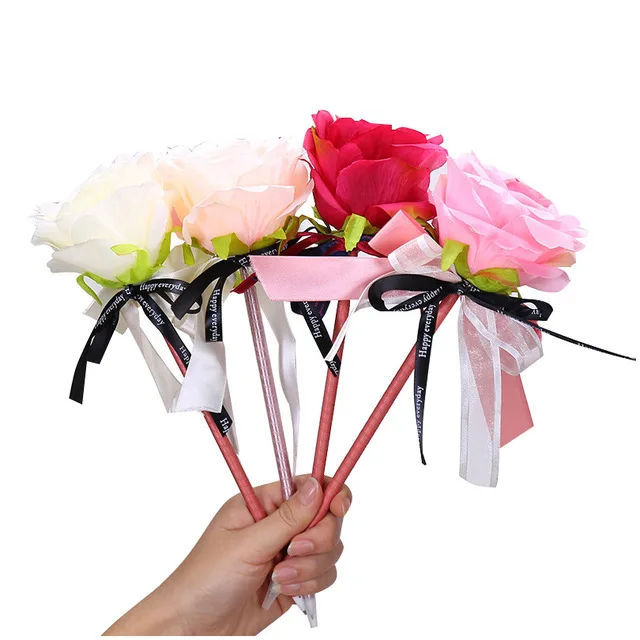 Rose Ballpoint Pen Creative Gifts Bow DIY Artificial Flowers Advertising Wedding Writing Pen for Rewards Party Favor Office