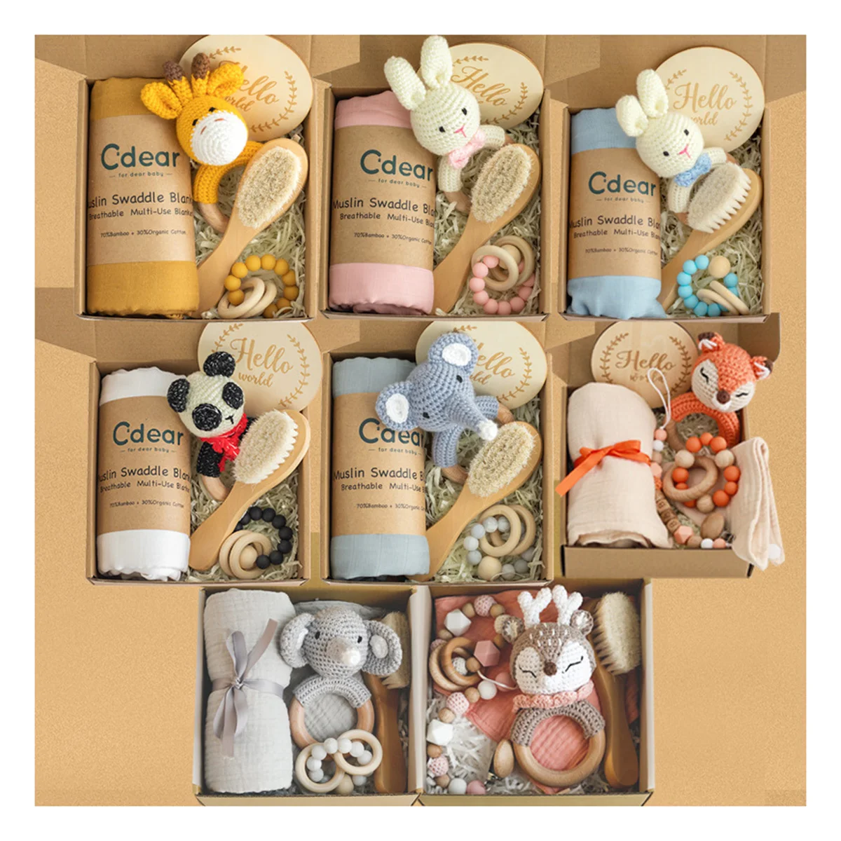 Newborn Gift Box Baby Muslin Cotton Blanket Teething Wooden Toy Gift Sets Baby Bib Rattle Milestone Wooden Toy Bathing Set
