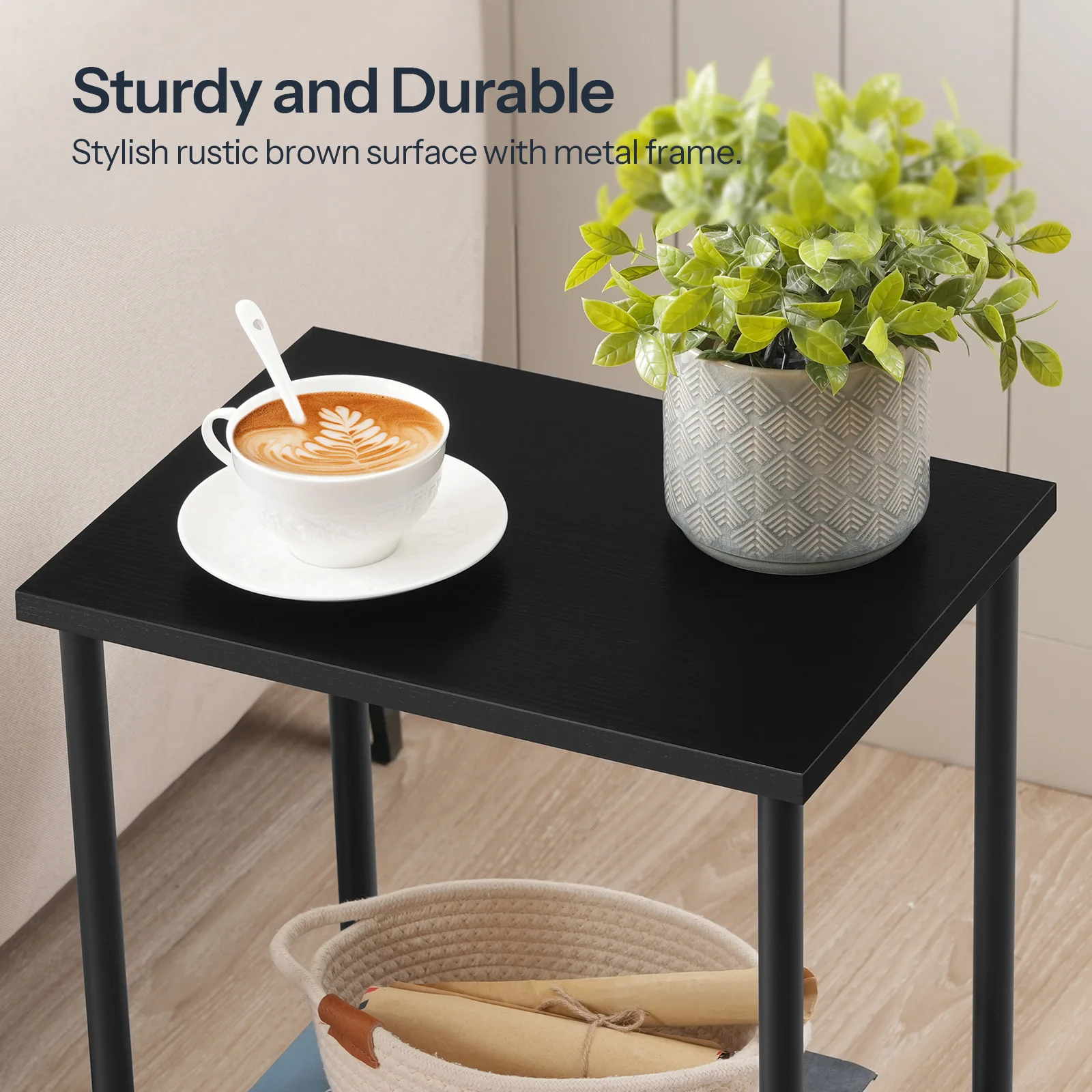 Wholesale Industrial Style Brown 2 Tier Side Table with Shelves Narrow Bedside Table Small Sofa End Table for Living Room