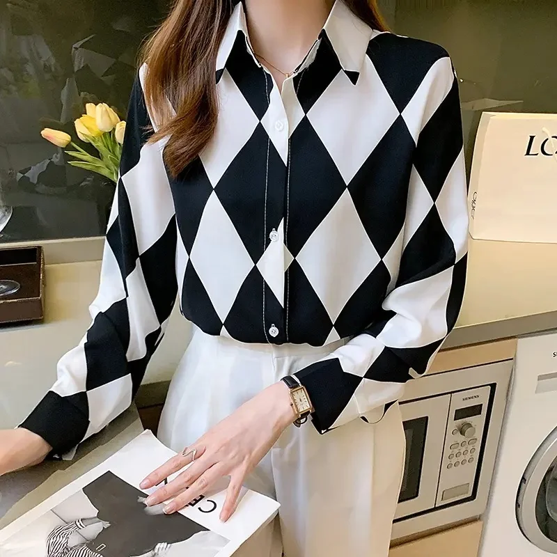 Stylish women's top Button up shirt Classic long-sleeved collared top Work office chiffon shirt