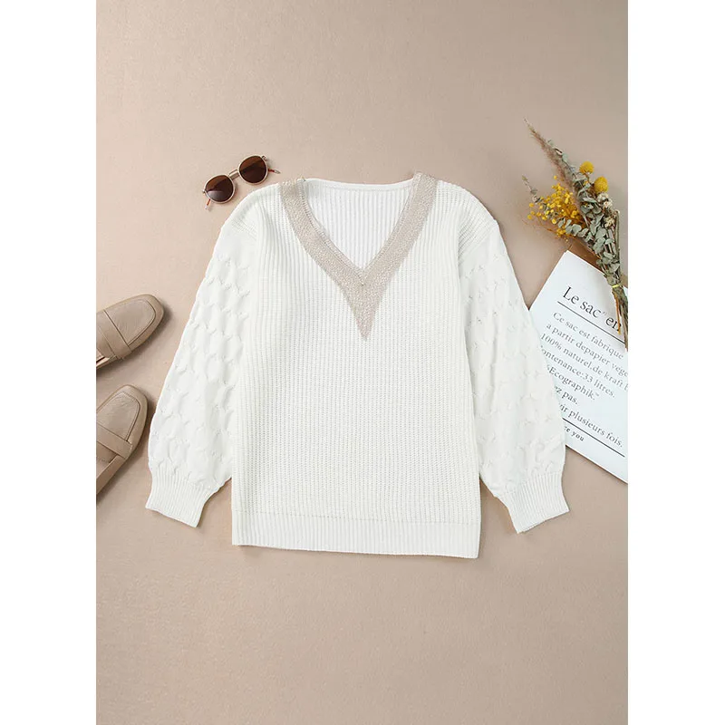 Dear-Lover Oem Customized Sweater Manufacturers Puff Sleeve Lace V Neck Sweaters For Women