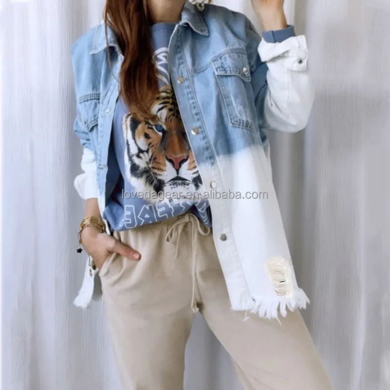 Amazon Best Selling Women  Long Sleeve Button Down Jean Jacket Denim Shacket Jackets With Tassel