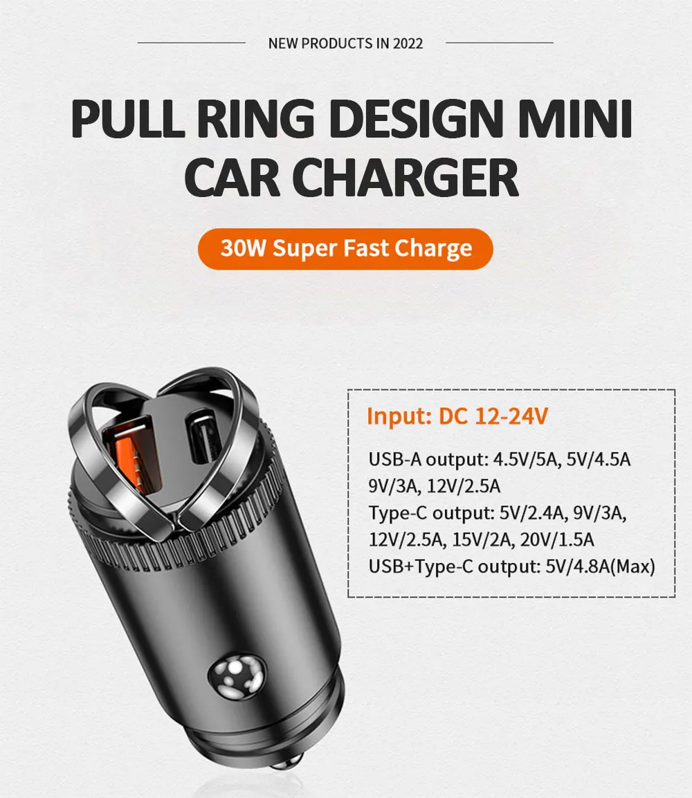 New Design QC3.0 Pull Ring Fast Charger for Dual USB Auto Power Adapter Portable Charger 30W PD Charger