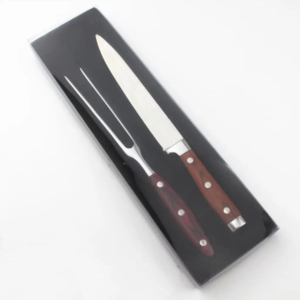 New Design 2Pcs Stainless Steel Carving Knife Fork Set with Pakka Wood Handle BBQ Knife Set