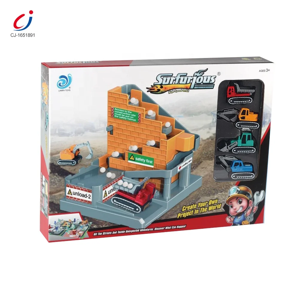 Chengji kids ball rolling climbing stair slot track toys engineering vehicle alloy car parking lot toy