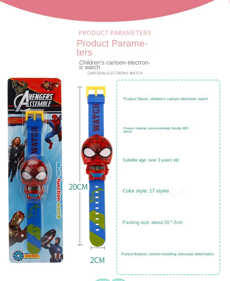 Hot selling Kids watch  Transformation toys for kids in Marvel cute shape  Spider-Man Q version children's toy gift