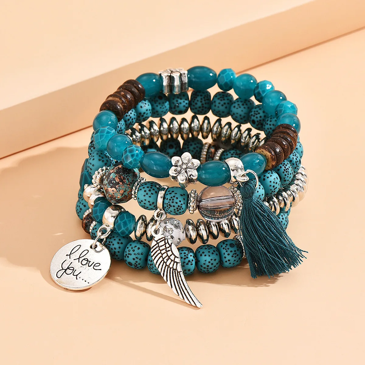 Fashion BOHO Crystal Multilayer Turquoise Bracelet Boho Beaded Bracelet 4 Piece Tassel Ethnic High Quality Bracelet Set