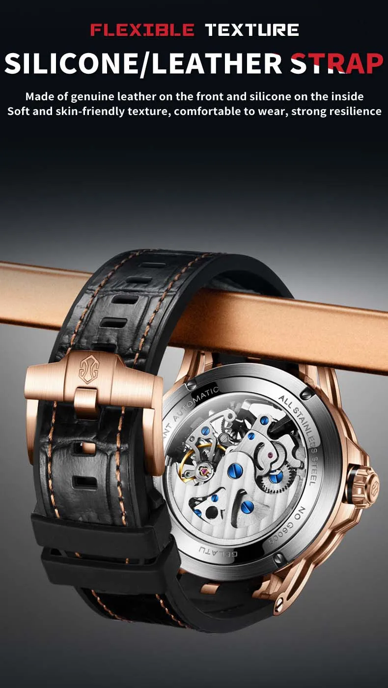 GELATU 6009 Popular Custom Face Mens Mechanical Watch Buy Leather Strap Luminous Scrolling Moq 1 Casual Watch Company