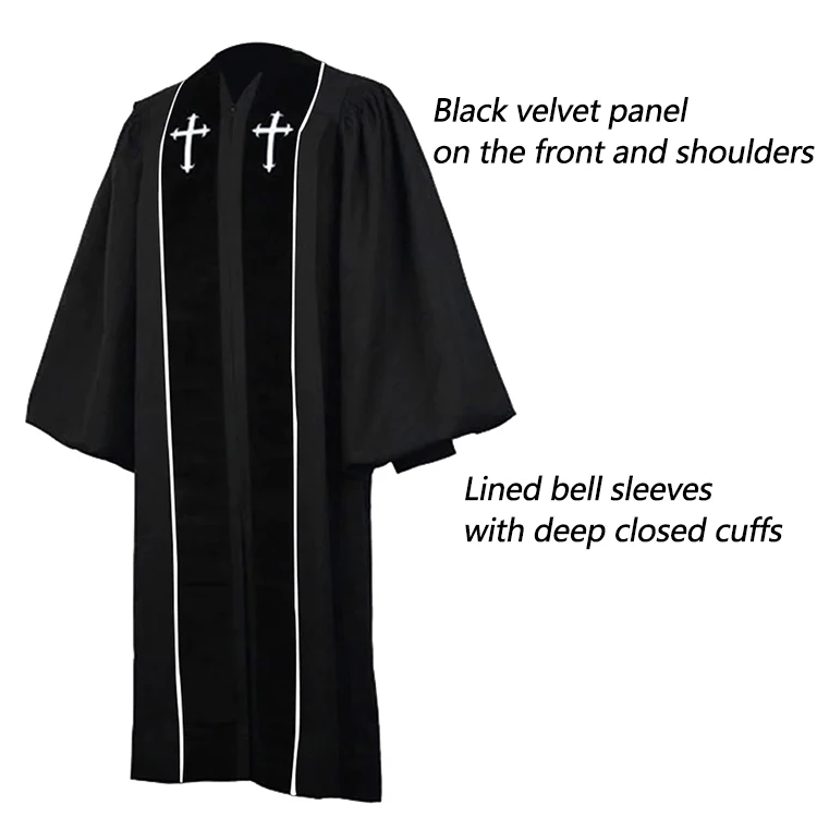 Custom Matte Black John Wesley Cross Clergy Robes Choir Robes With Trimming Velvet Panels details