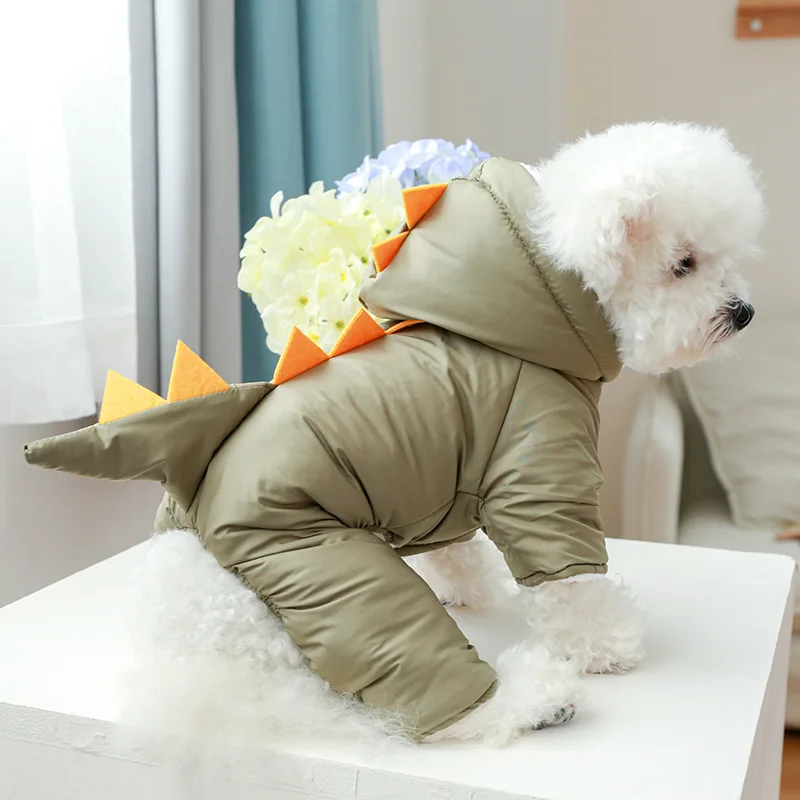 Cute Dog Luxury Clothes Green Yellow Dinosaur Dog Coats Pet Clothes Winter Warming Proof Wind Dog Apparel Clothes details