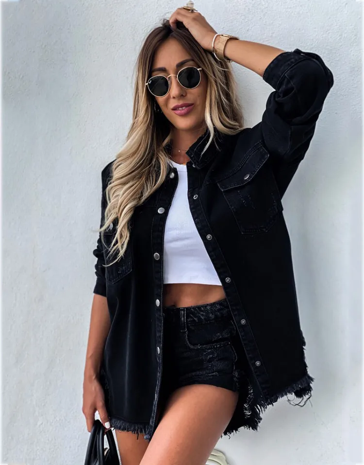 Women's Vintage Ripped Long Jean Jacket Coat Button Denim Jeans with Cotton Filling Breathable Solid Pattern details