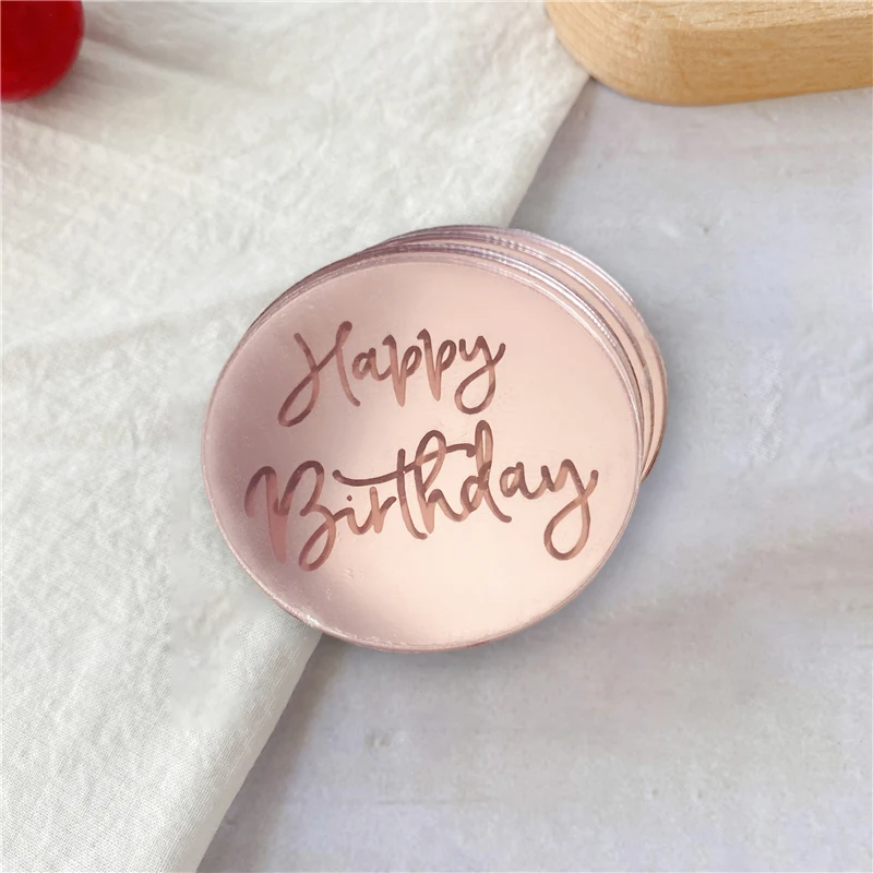 Acrylic Disc Mirror Round Laser Gold Happy Birthday Cup Cake Topper For