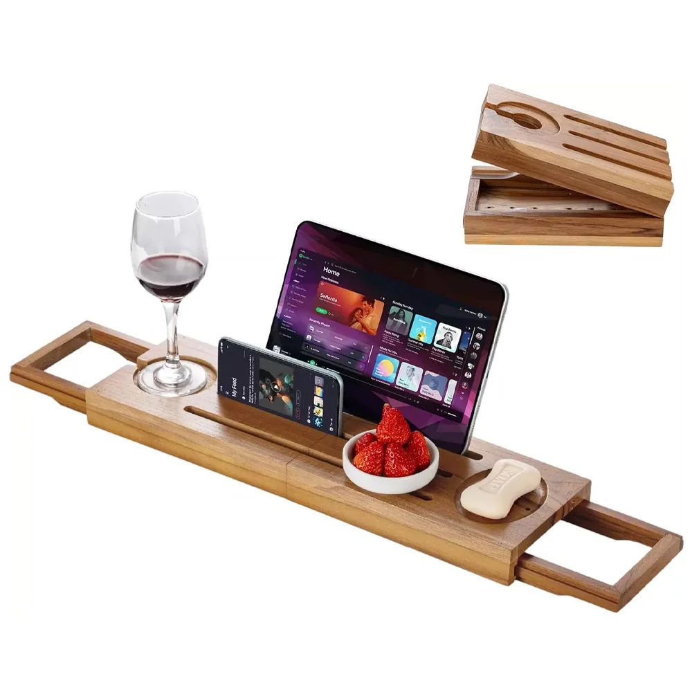 product expandable teak bathtub caddy tray with wine glass holder tablet phone stand soap dish foldable bathroom organizer-6