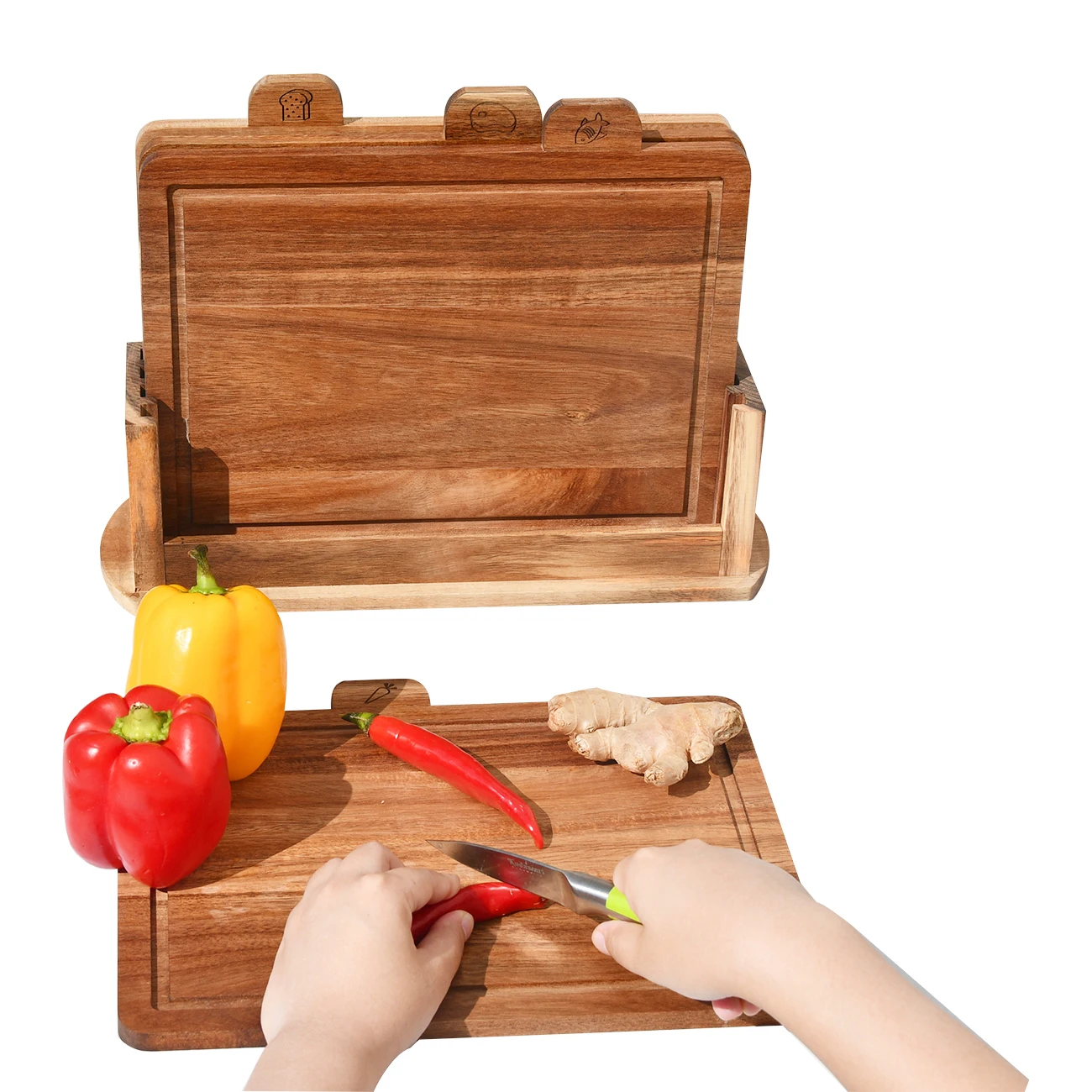 Wholesale Eco-friendly Acacia Wood Chopping Boards Wooden Bamboo Cutting Board Set for Kitchen with Holder